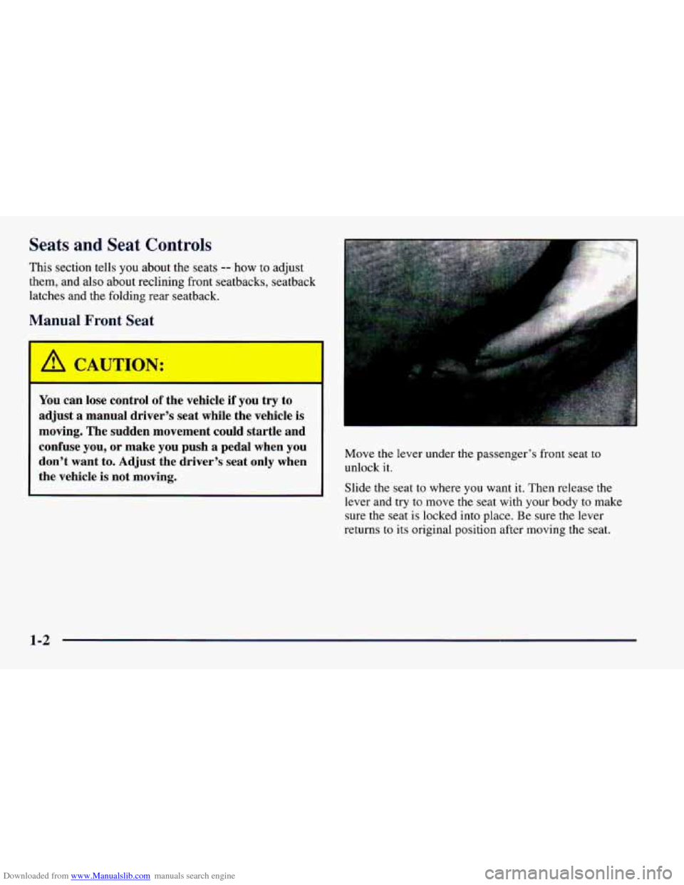 CHEVROLET CAMARO 1997 4.G Owners Manual Downloaded from www.Manualslib.com manuals search engine Seats  and  Seat  Controls 
This section tells  you about  the  seats -- how to adjust 
them,  and also  about  reclining  front  seatbacks, se