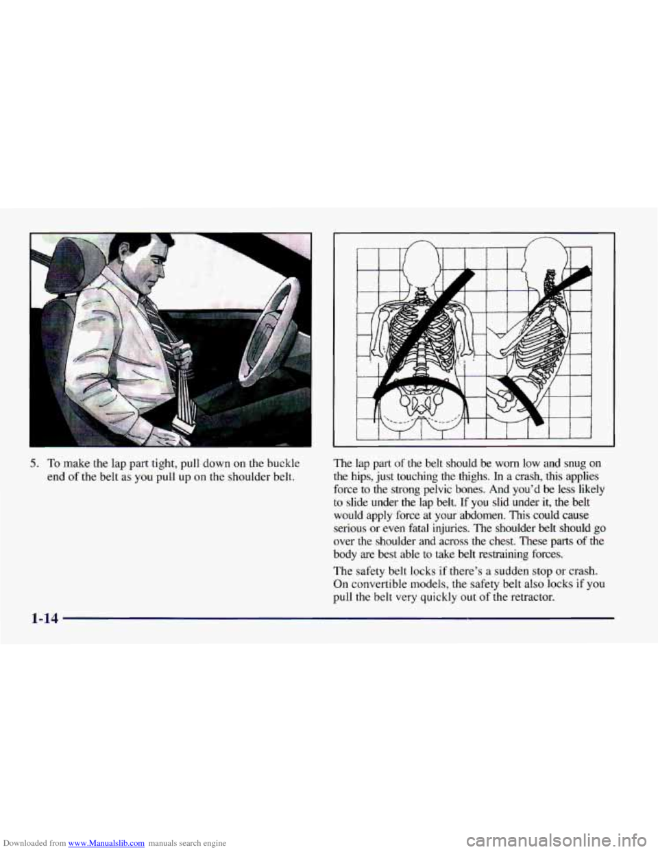 CHEVROLET CAMARO 1997 4.G Owners Manual Downloaded from www.Manualslib.com manuals search engine 5. To make the lap part tight, pull down on the buckle 
end 
of the belt as  you  pull  up on the shoulder belt.  The 
lap  part 
of the  belt 