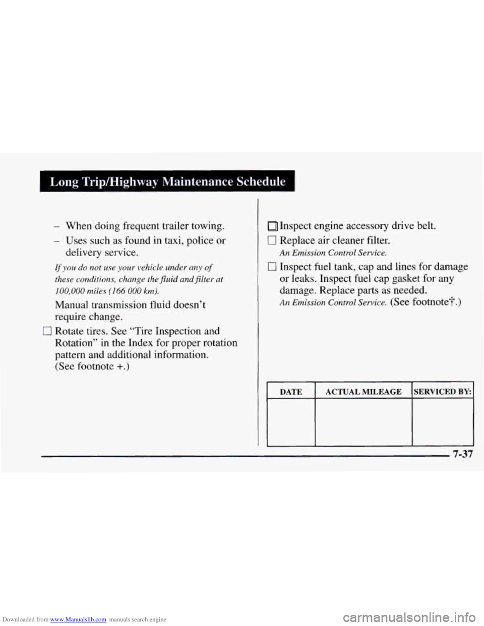 CHEVROLET CAMARO 1997 4.G Owners Manual Downloaded from www.Manualslib.com manuals search engine I Long TripLHighway Maintenance  Schedule I 
- When doing frequent trailer  towing. 
- Uses  such  as  found in taxi,  police  or 
If you do no