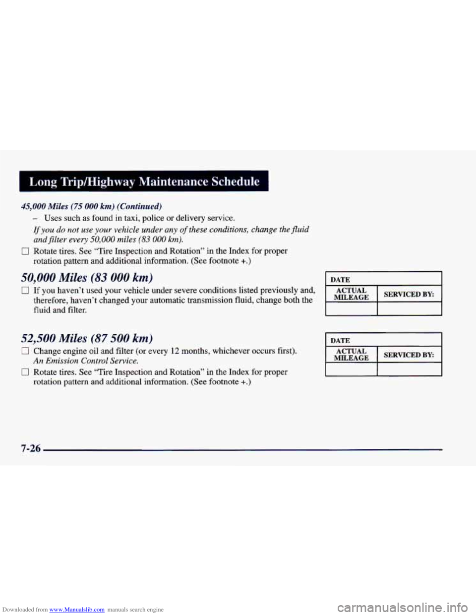 CHEVROLET CAMARO 1998 4.G Owners Manual Downloaded from www.Manualslib.com manuals search engine Long Tripktighway Maintenance Schedule 
45,000 Miles (75 000 km) (Continued) 
- Uses  such as found  in taxi,  police  or delivery  service. 
l