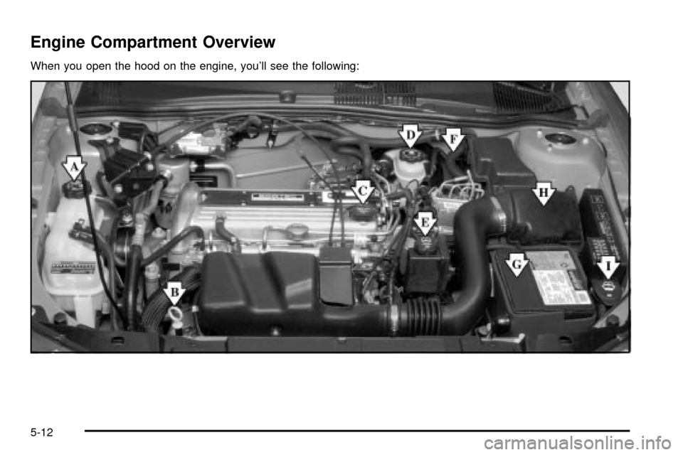 CHEVROLET CAVALIER 2003 3.G Owners Manual Engine Compartment Overview
When you open the hood on the engine, youll see the following:
5-12 