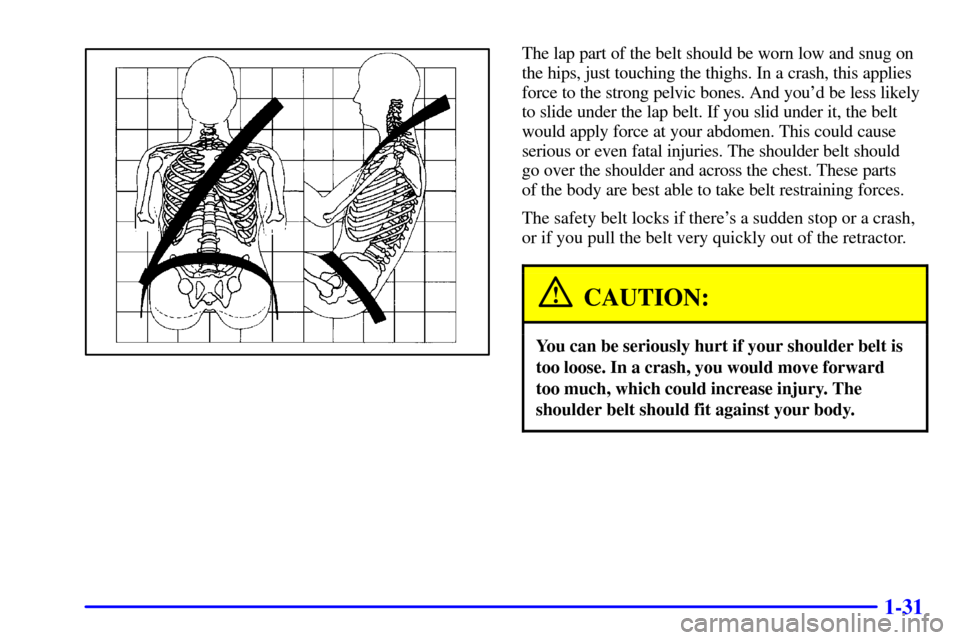 CHEVROLET CAVALIER 2000 3.G Owners Manual 1-31
The lap part of the belt should be worn low and snug on
the hips, just touching the thighs. In a crash, this applies
force to the strong pelvic bones. And youd be less likely
to slide under the 