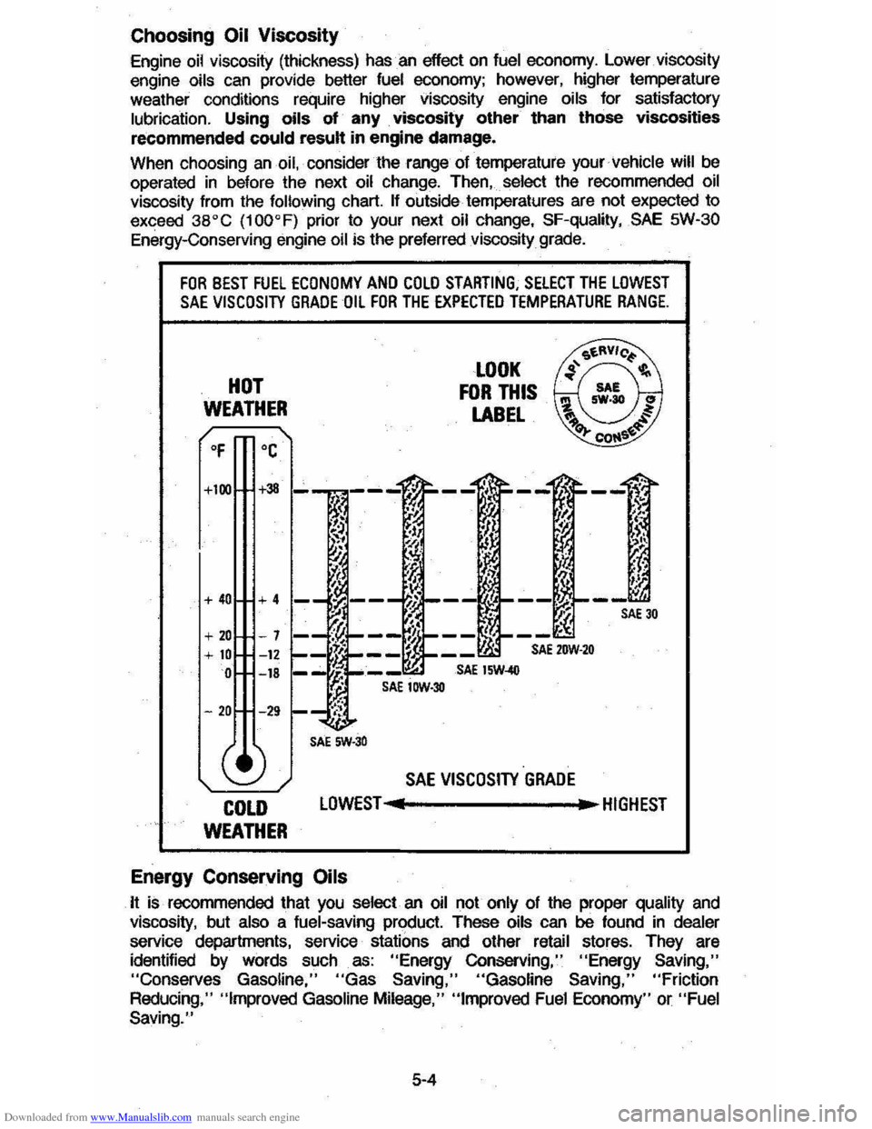 CHEVROLET CAVALIER 1984 1.G Owners Manual Downloaded from www.Manualslib.com manuals search engine Choosing Oil Viscosity
Engine oil viscosity (thickness) has an effect on fuel economy. Lower viscosity
engine oils can provide better fue CHEVROLET CAVALIER 1984 1.G Owners Manual Downloaded from www.Manualslib.com manuals search engine Choosing Oil Viscosity
Engine oil viscosity (thickness) has an effect on fuel economy. Lower viscosity
engine oils can provide better fue