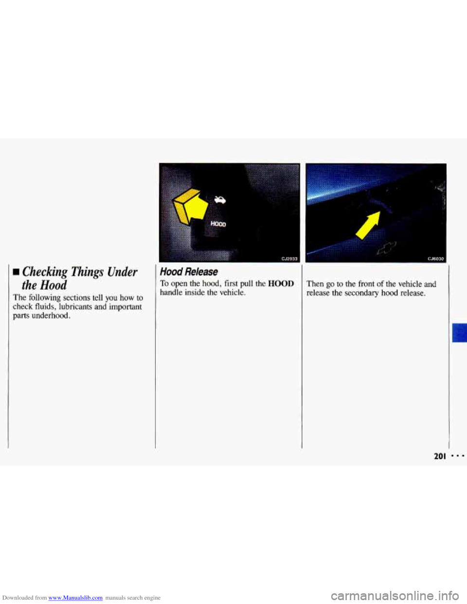 CHEVROLET CAVALIER 1993 1.G Owners Manual Downloaded from www.Manualslib.com manuals search engine Checking Things Under 
the Hood 
The following  sections  tell  you  how  to 
check  fluids,  lubricants  and  important 
parts  underhood. 
Ho