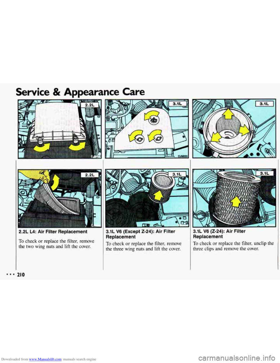 CHEVROLET CAVALIER 1993 1.G Owners Manual Downloaded from www.Manualslib.com manuals search engine Service & Appearance Care 
111 
2.2L L4: Air  Filter  Replacement 
To check or replace  the  filter,  remove 
the two  wing  nuts  and lift the