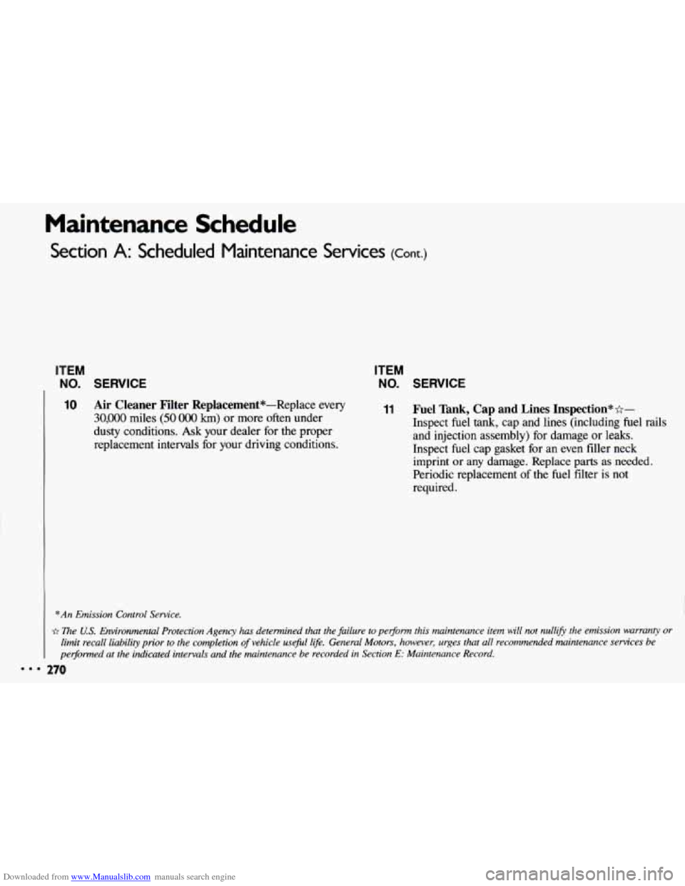 CHEVROLET CAVALIER 1993 1.G Owners Manual Downloaded from www.Manualslib.com manuals search engine Maintenance  Schedule 
Section A: Scheduled  Maintenance  Services (Cont.) 
ITEM 
NO. SERVICE 
10 Air  Cleaner  Filter Replacement*-Replace  ev