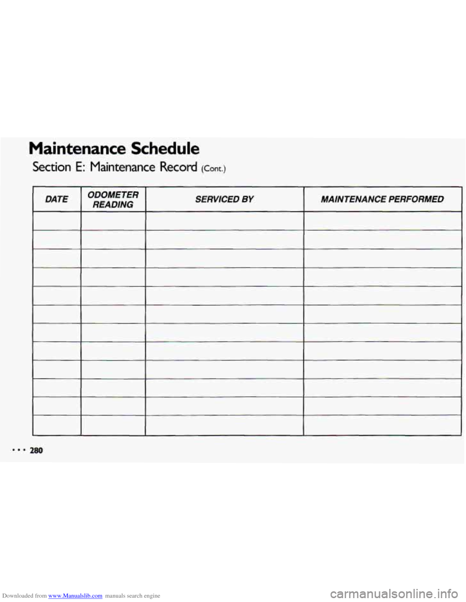 CHEVROLET CAVALIER 1993 1.G Owners Manual Downloaded from www.Manualslib.com manuals search engine Maintenance Schedule 
Section E: Maintenance  Record (Cont.) 
DATE ODOMETER 
READING  SERVICED BY MAINTENANCE  PERFORMED 
280   
