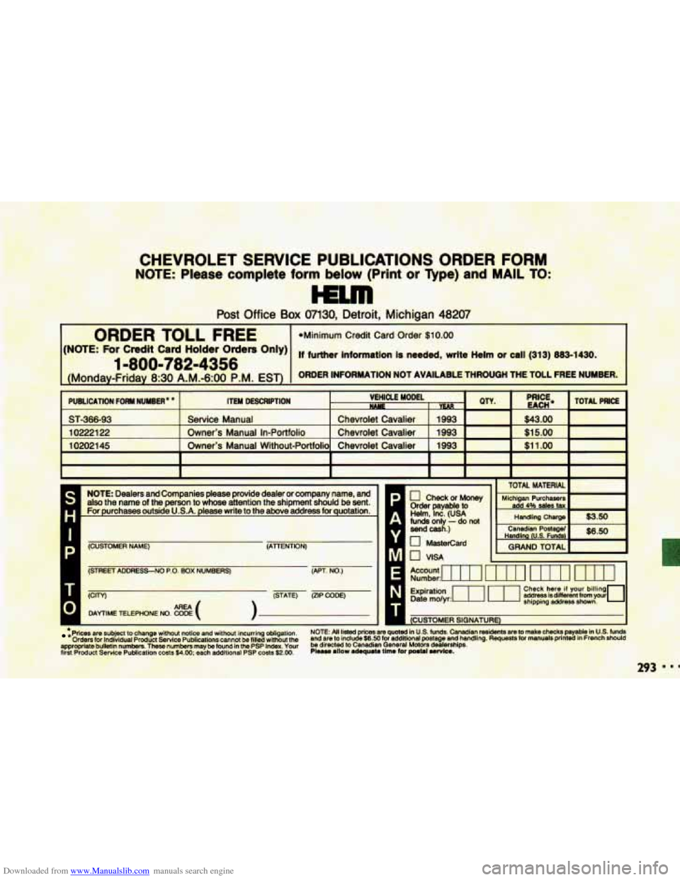 CHEVROLET CAVALIER 1993 1.G Owners Manual Downloaded from www.Manualslib.com manuals search engine I TOTAL  MATERIAL NOTE: Dealers  and  Companies  please  provide  dealer  or  company  name,  an\
d 
also  the  name of the  person to whose  a