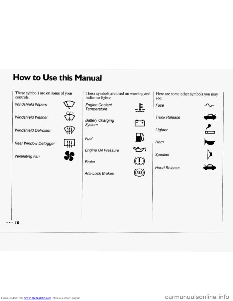 CHEVROLET CAVALIER 1994 1.G Owners Manual Downloaded from www.Manualslib.com manuals search engine How to Use this Manual 
These symbols  are on some of your 
controls: 
Windshield  Wipers 
Windshield  Washer 
Windshield  Defroster 
Rear  Win