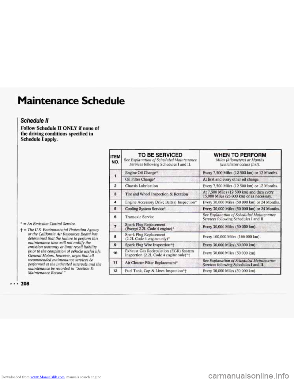 CHEVROLET CAVALIER 1994 1.G Owners Manual Downloaded from www.Manualslib.com manuals search engine Maintenance Schedule 
Schedule /I 
Follow  Schedule I1 ONLY if  none of 
the  driving  conditions  specified  in Schedule 
I apply. 
* = An  Em