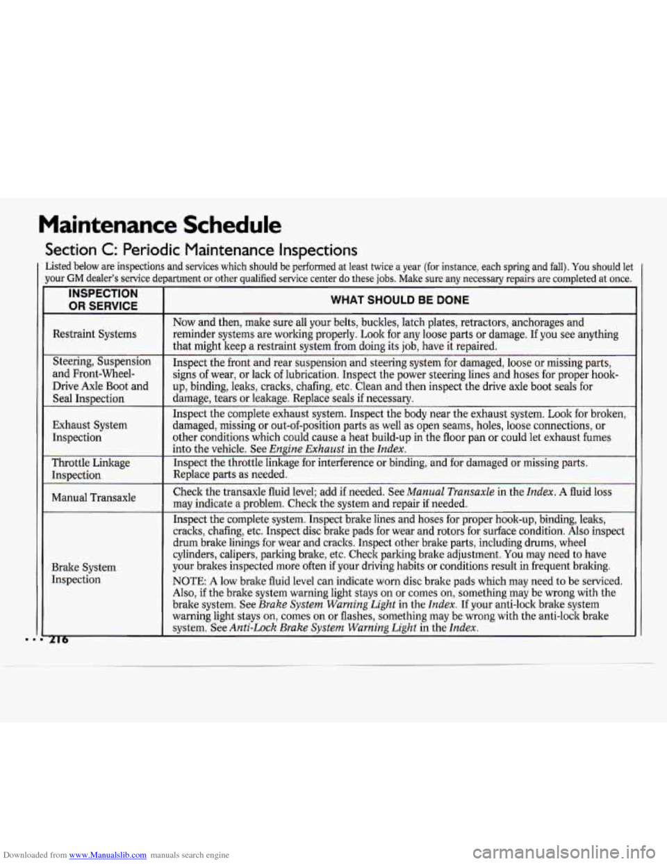 CHEVROLET CAVALIER 1994 1.G Owners Manual Downloaded from www.Manualslib.com manuals search engine Maintenance Schedule 
Section C: Periodic  Maintenance  Inspections 
Listed  below  are  inspections  and  services  which  should be performed