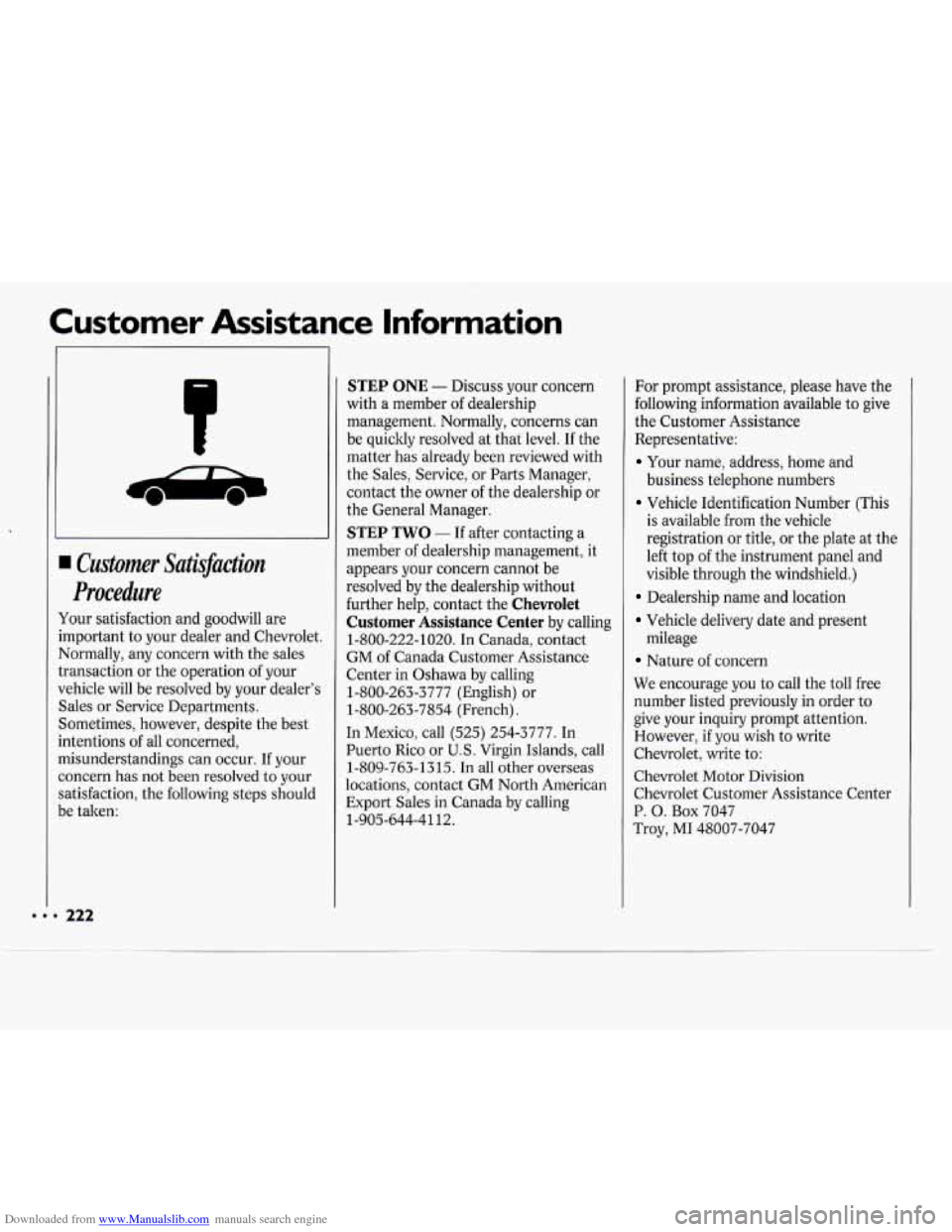 CHEVROLET CAVALIER 1994 1.G Owners Manual Downloaded from www.Manualslib.com manuals search engine Customer  Assistance  Information 
Customer Sati#action 
Procedure 
Your  satisfaction and goodwill  are 
important  to your  dealer  and Chevr