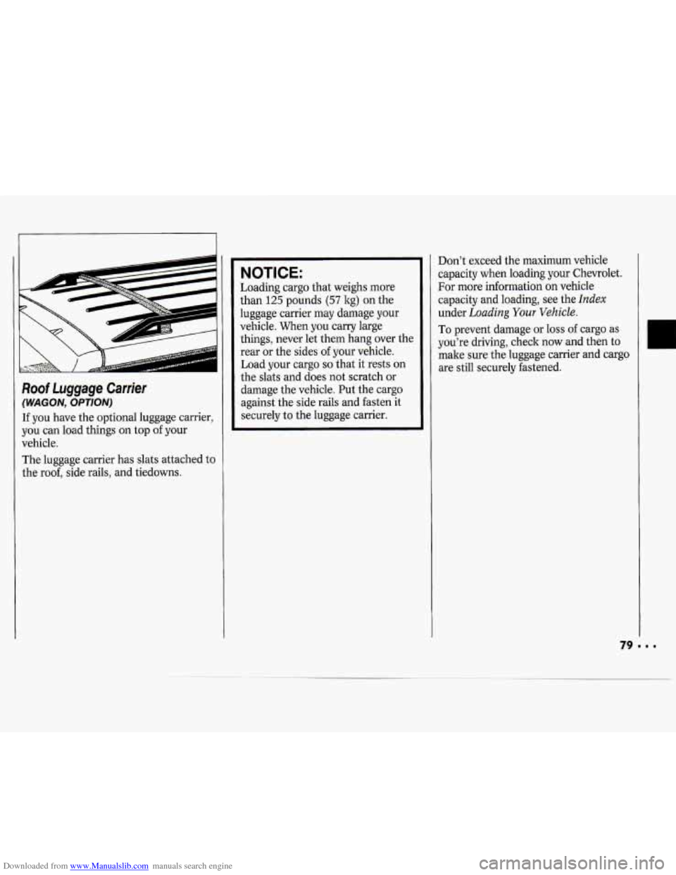 CHEVROLET CAVALIER 1994 1.G Owners Manual Downloaded from www.Manualslib.com manuals search engine Roof Luggage Carrier 
(WAGON, OPTION) 
If you  have the optional  luggage carrier, 
you  can load  things on  top of your 
vehicle. 
The  lugga
