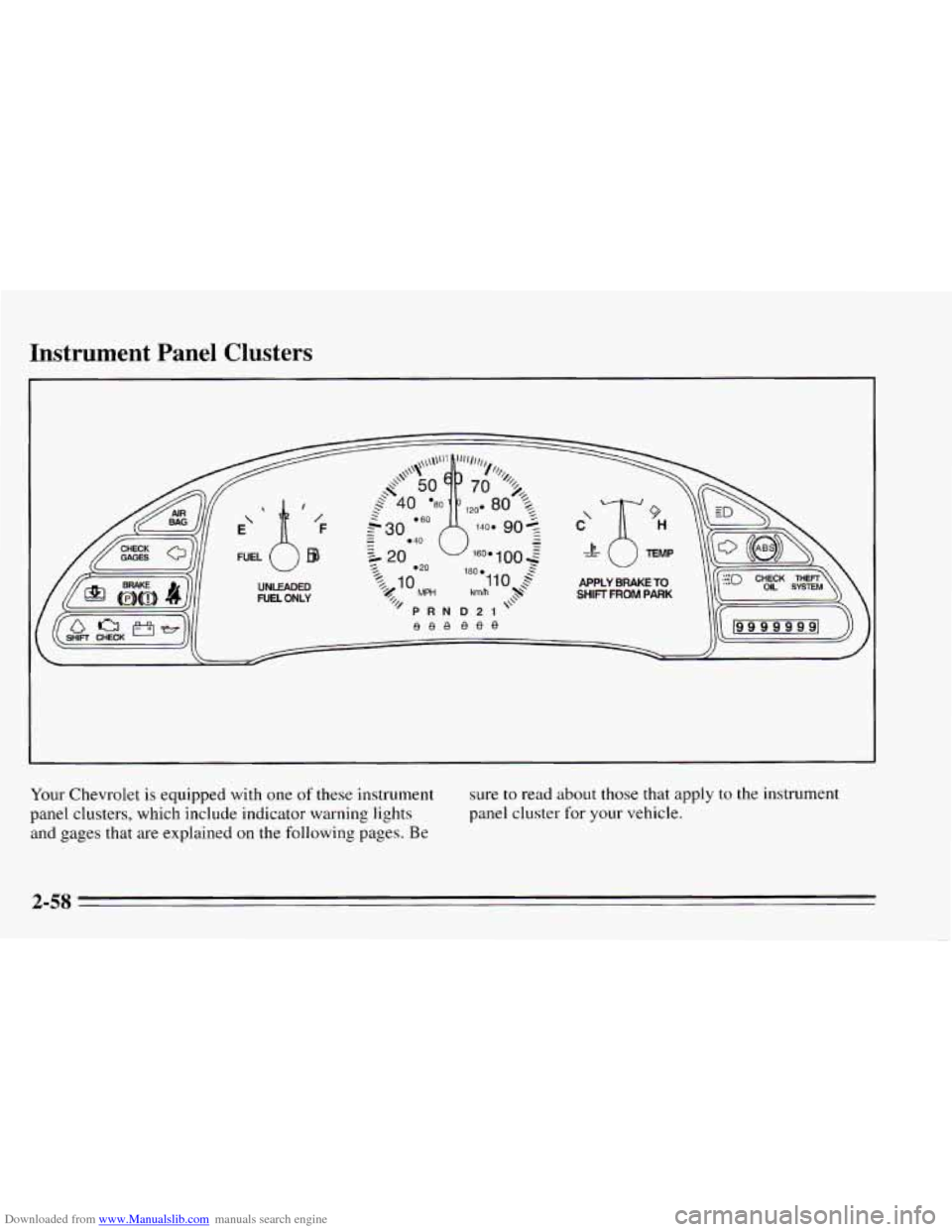 CHEVROLET CAVALIER 1995 3.G Owners Manual Downloaded from www.Manualslib.com manuals search engine Instrument Panel Clusters 
Your Chevrolet is equipped with one of these instrument 
panel  clusters,  which include indicator warning lights 
a