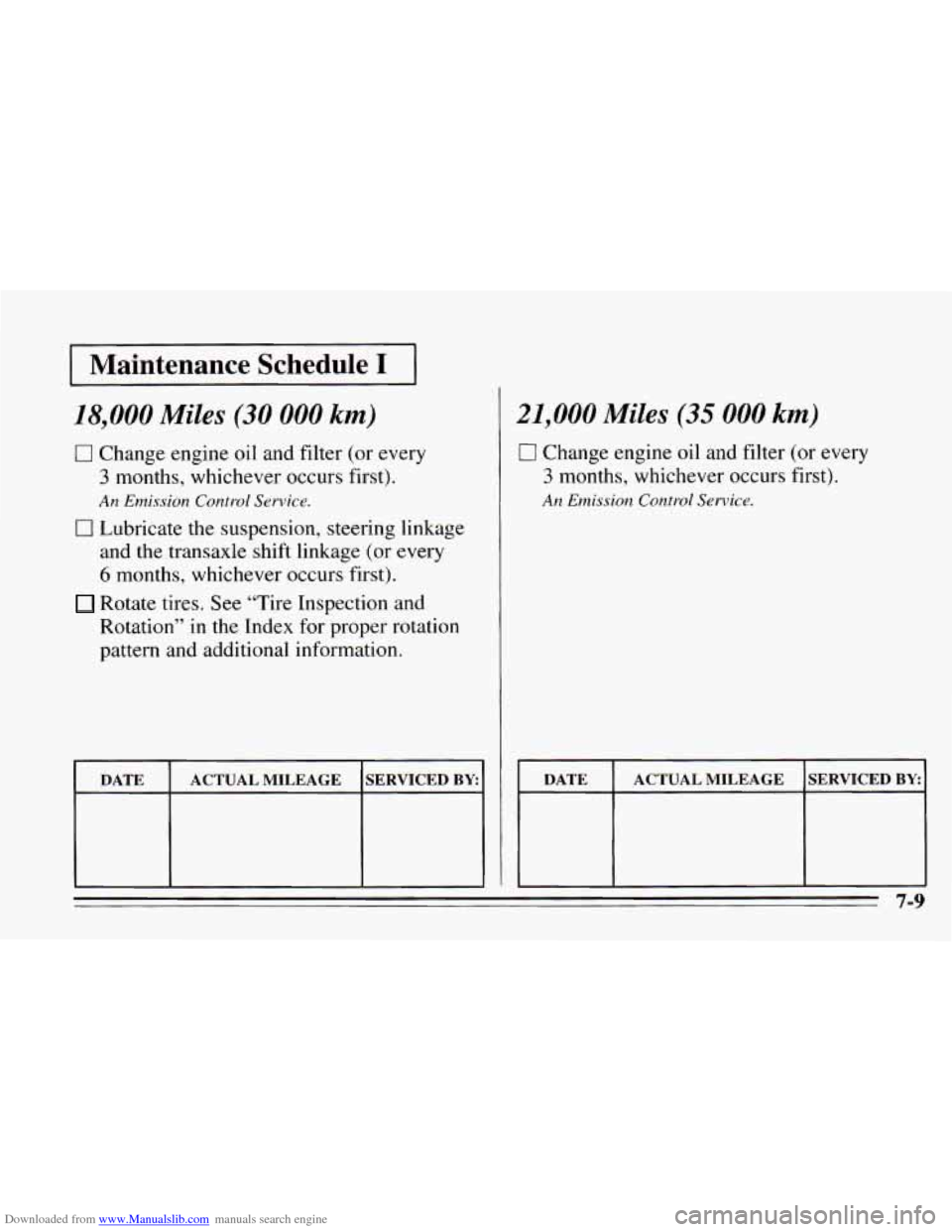 CHEVROLET CAVALIER 1995 3.G Owners Manual Downloaded from www.Manualslib.com manuals search engine IMaintenance  Schedule I I ~  ~~~ 
18,000 Miles (30 000 km) 
0 Change engine oil and  filter  (or every 
3 months,  whichever  occurs first). 
