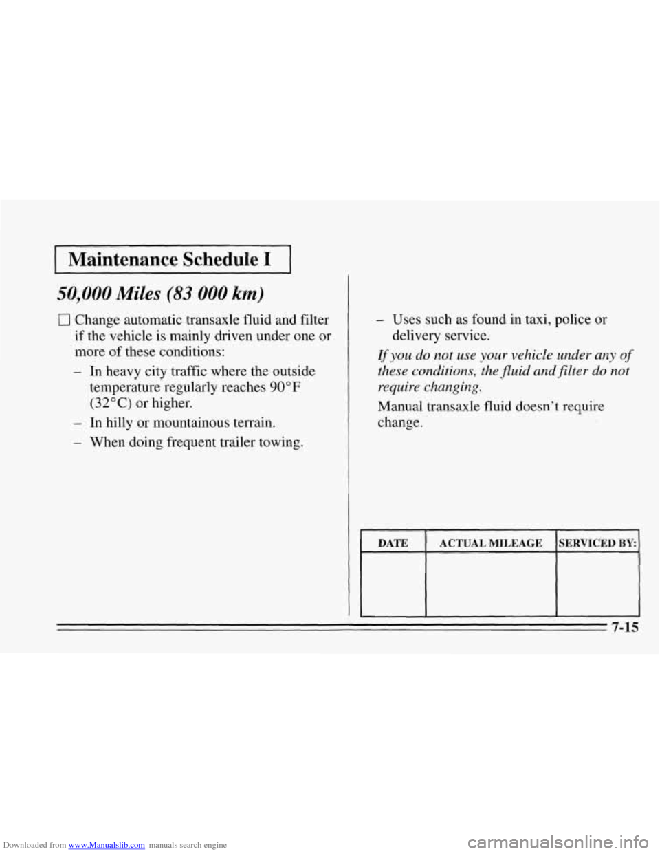 CHEVROLET CAVALIER 1995 3.G Owners Manual Downloaded from www.Manualslib.com manuals search engine I Maintenance  Schedule I I 
50,000 Miles (83 000 km) 
I7 Change automatic  transaxle  fluid  and filter 
if  the  vehicle  is  mainly driven u