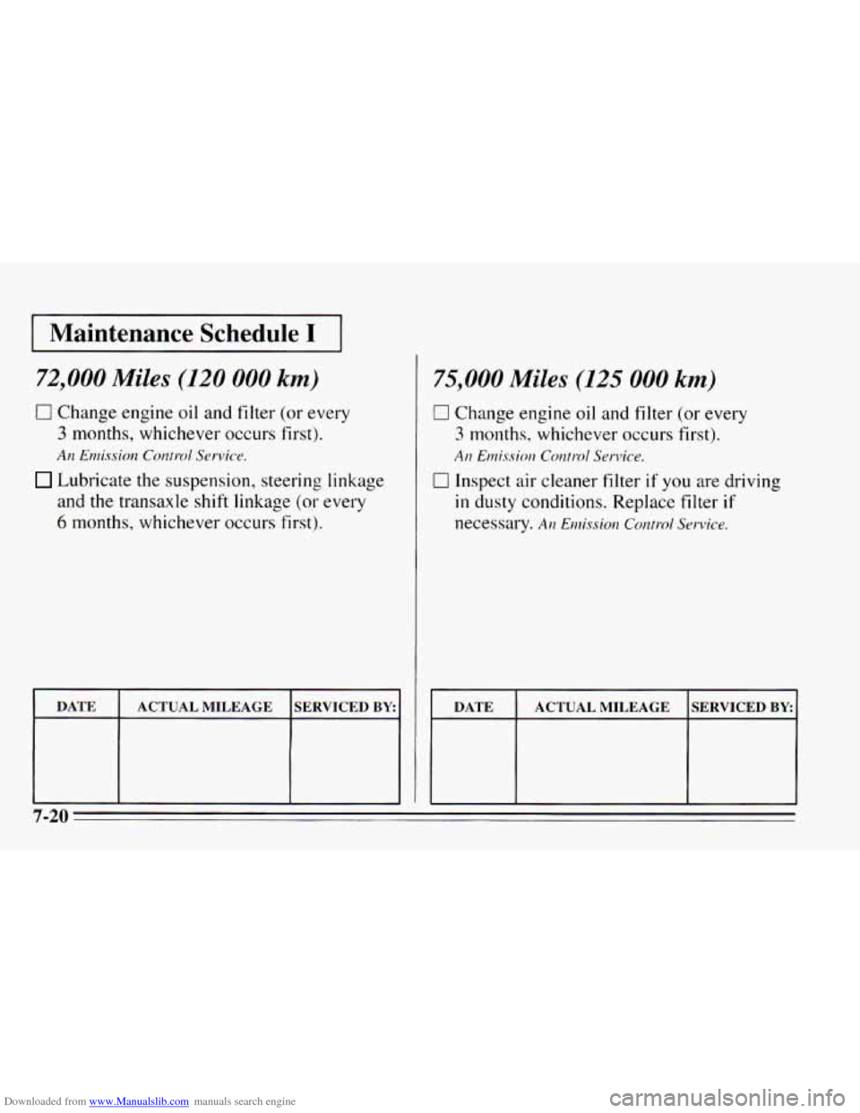 CHEVROLET CAVALIER 1995 3.G Owners Manual Downloaded from www.Manualslib.com manuals search engine I Maintenance  Schedule I I 
72,000 Miles (120 000 km) 
0 Change engine oil and filter (or every 
3 months, whichever occurs first). 
An Enziss
