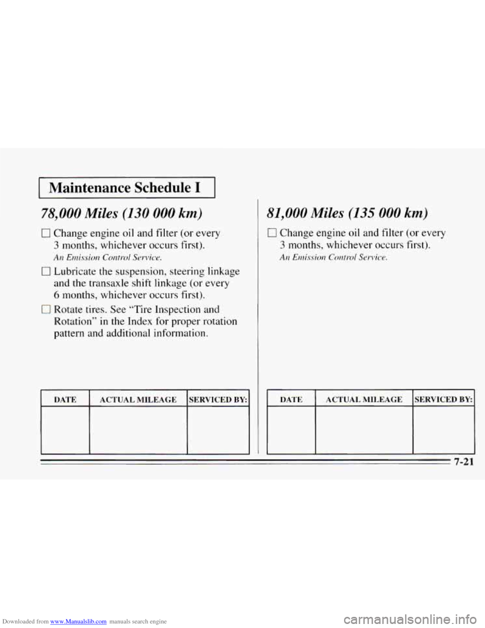 CHEVROLET CAVALIER 1995 3.G Owners Manual Downloaded from www.Manualslib.com manuals search engine I Maintenance  Schedule I I 
78,000 Miles (130 000 km) 
0 Change engine oil and filter (or every 
3 months,  whichever occurs first). 
An Ewiss