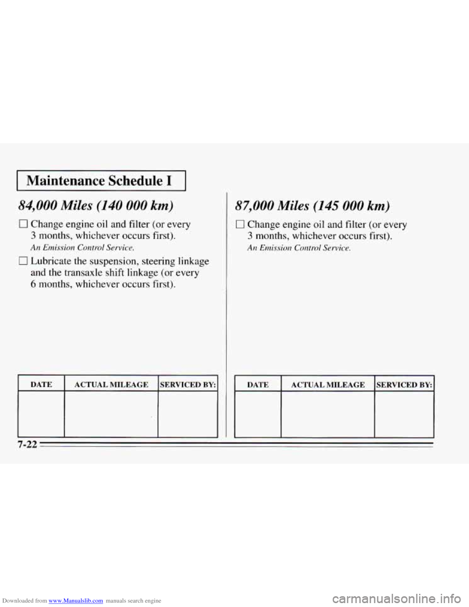 CHEVROLET CAVALIER 1995 3.G Owners Manual Downloaded from www.Manualslib.com manuals search engine I Maintenance Schedule I I 
84,000 Miles (140 000 km) 
0 Change engine oil  and filter (or every 
3 months, whichever occurs  first). 
An Emiss