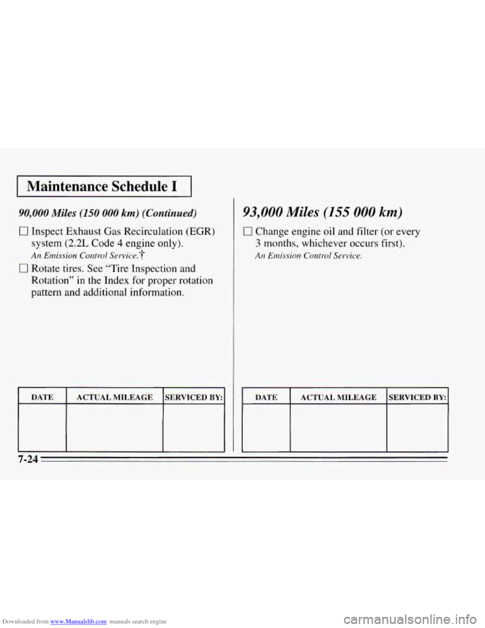 CHEVROLET CAVALIER 1995 3.G Owners Manual Downloaded from www.Manualslib.com manuals search engine Maintenance  Schedule I 
90,000 Miles (150 000 km) (Contirtued) 
CI Inspect Exhaust Gas Recirculation (EGR) 
system (2.2L Code 4 engine only). 