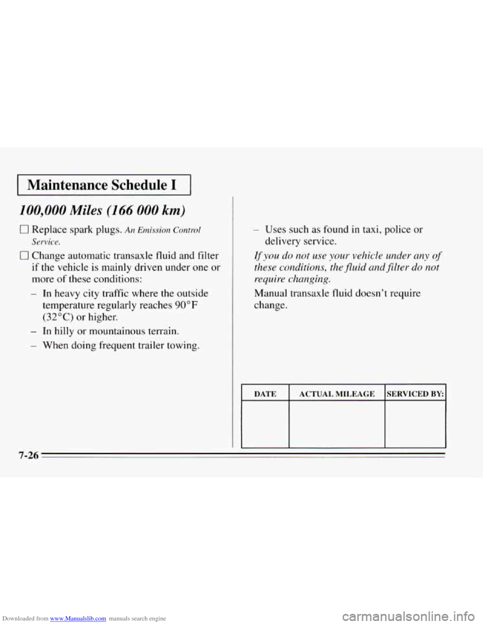 CHEVROLET CAVALIER 1995 3.G Owners Manual Downloaded from www.Manualslib.com manuals search engine I Maintenance  Schedule I 1 
100,000 Miles (1 66 000 km) 
Q Replace  spark  plugs. An Emission Control 
Service. 
Ll Change  automatic  transax