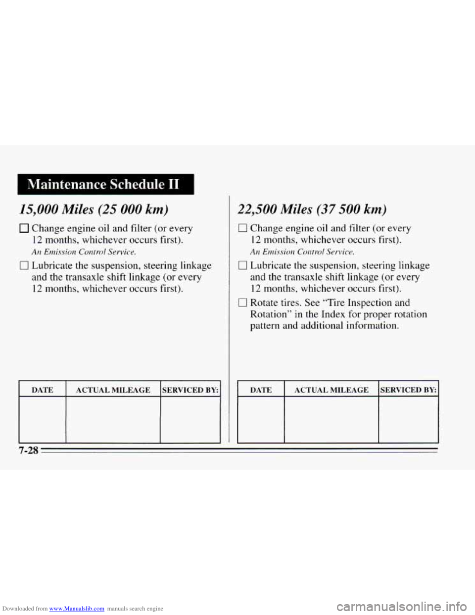 CHEVROLET CAVALIER 1995 3.G Owners Manual Downloaded from www.Manualslib.com manuals search engine I Maintenance  Schedule I1 I 
15,000 Miles (25 000 km) 
Change  engine oil and  filter  (or  every 
12 months,  whichever  occurs  first). 
Arz