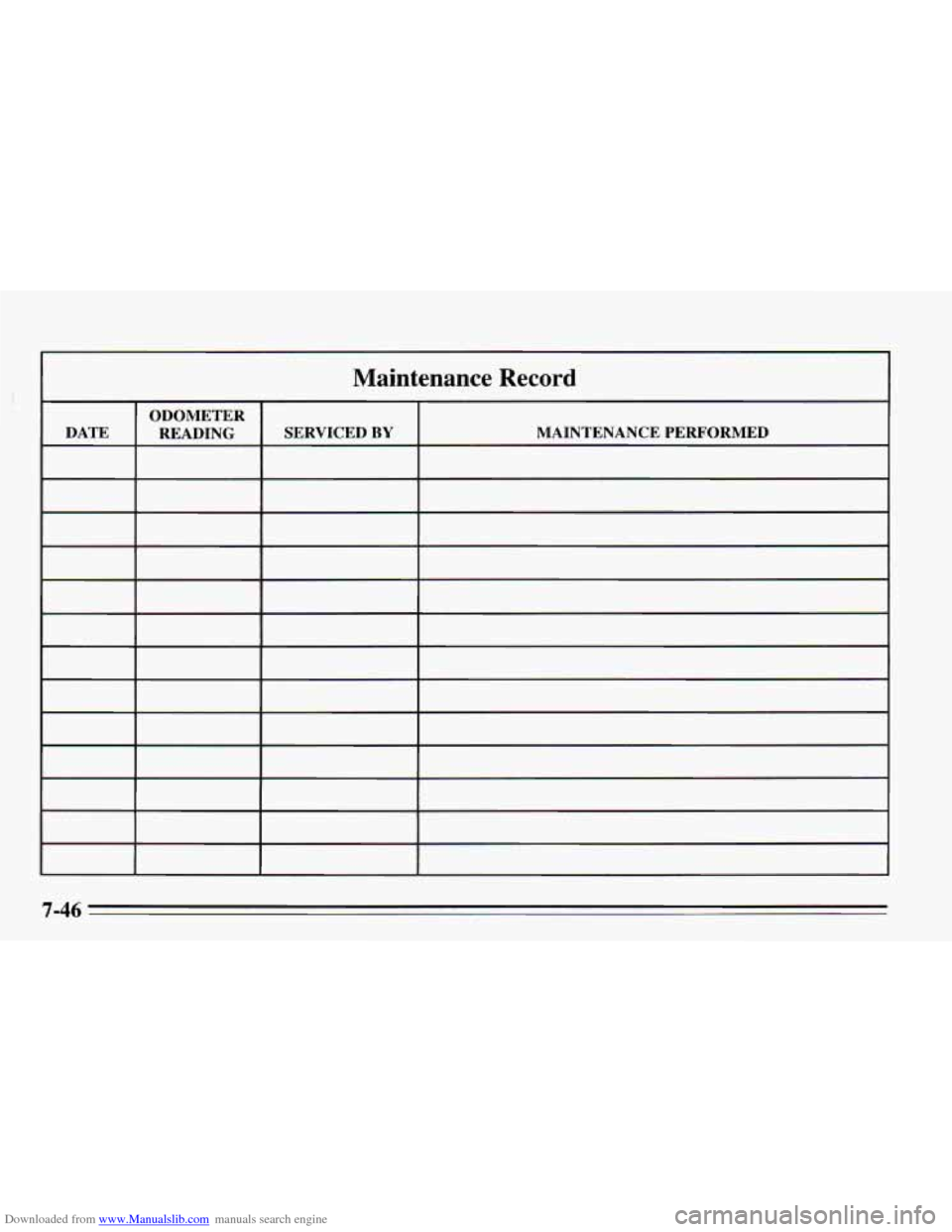 CHEVROLET CAVALIER 1995 3.G Owners Manual Downloaded from www.Manualslib.com manuals search engine Maintenance Record 
ODOMETER 
DATE  MAINTENANCE PERFORMED 
SERVICED 
BY READING 
7-46   