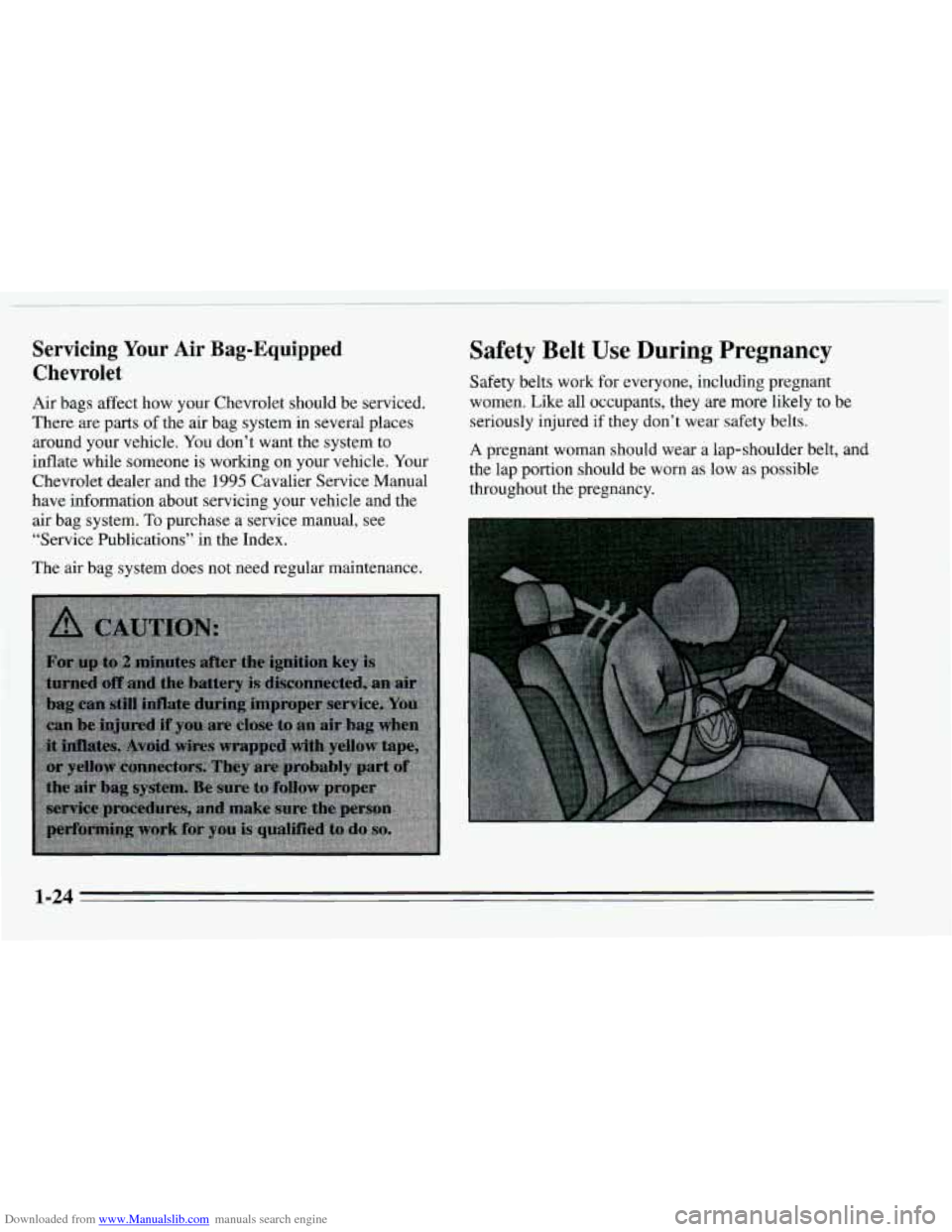 CHEVROLET CAVALIER 1995 3.G Owners Manual Downloaded from www.Manualslib.com manuals search engine Servicing Your Air Bag-Equipped 
Chevrolet 
Air bags affect how your Chevrolet should be serviced, 
There  are 
parts of  the  air bag system i