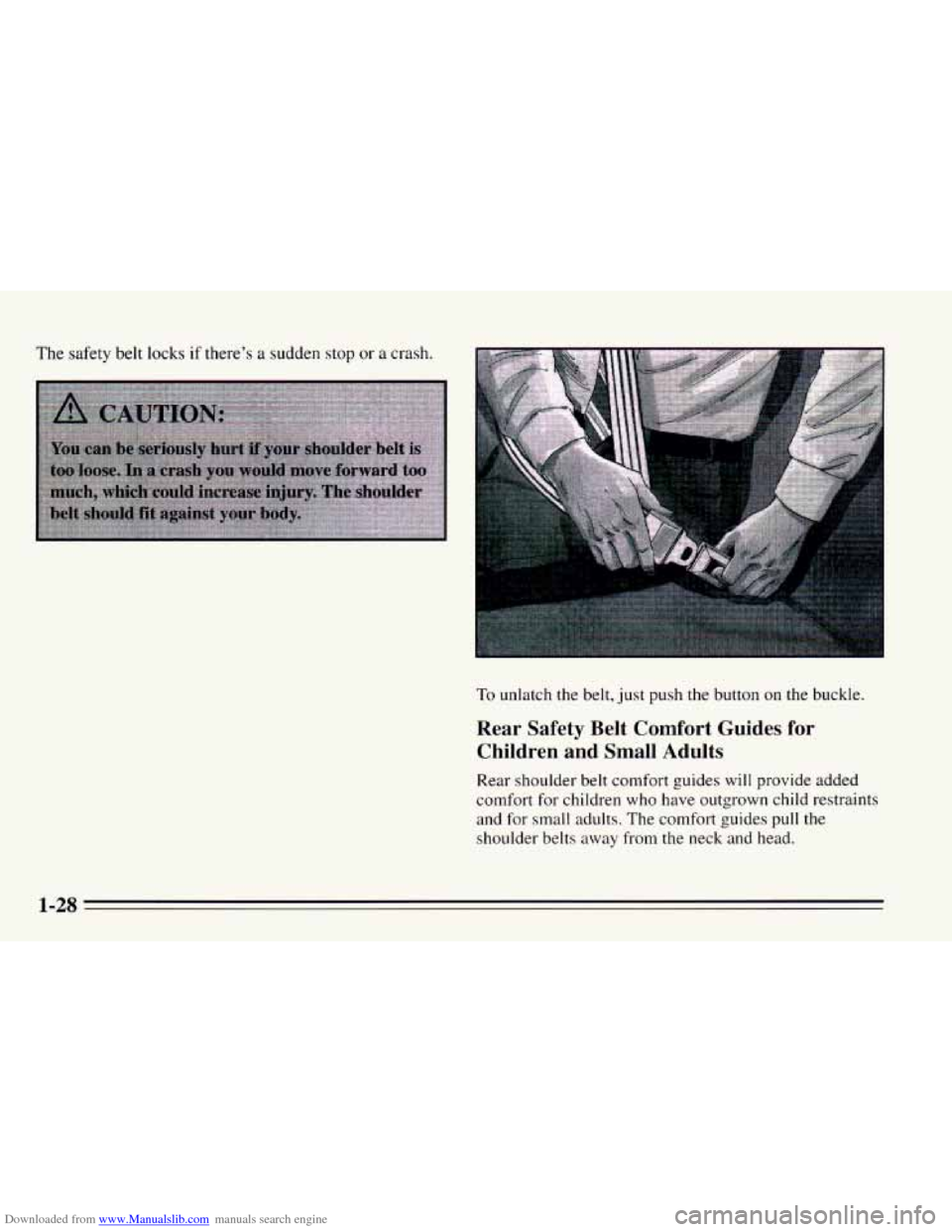 CHEVROLET CAVALIER 1995 3.G Owners Manual Downloaded from www.Manualslib.com manuals search engine The safety belt locks if there’s a sudden stop or a crash. 
To unlatch the belt,  just push the button on the buckle. 
Rear  Safety  Belt  Co