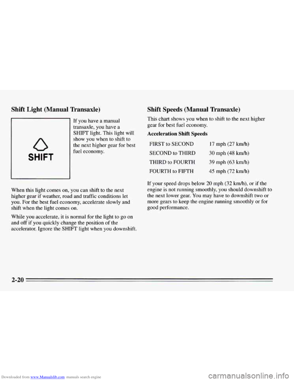 CHEVROLET CAVALIER 1995 3.G Owners Manual Downloaded from www.Manualslib.com manuals search engine Shift Light (Manual Transaxle)
If you have a manual
transaxle, you have a
SHIFT light. This light will
show
you when to shift to
th CHEVROLET CAVALIER 1995 3.G Owners Manual Downloaded from www.Manualslib.com manuals search engine Shift Light (Manual Transaxle)
If you have a manual
transaxle, you have a
SHIFT light. This light will
show
you when to shift to
th
