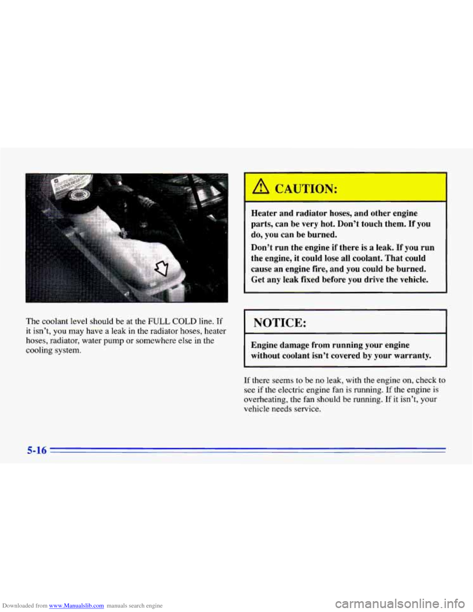 CHEVROLET CAVALIER 1996 3.G Owners Manual Downloaded from www.Manualslib.com manuals search engine The coolant  level should  be  at the FULL COLD line.  If 
it  isn’t,  you  may  have  a  leak in the  radiator  hoses,  heater 
hoses,  radi