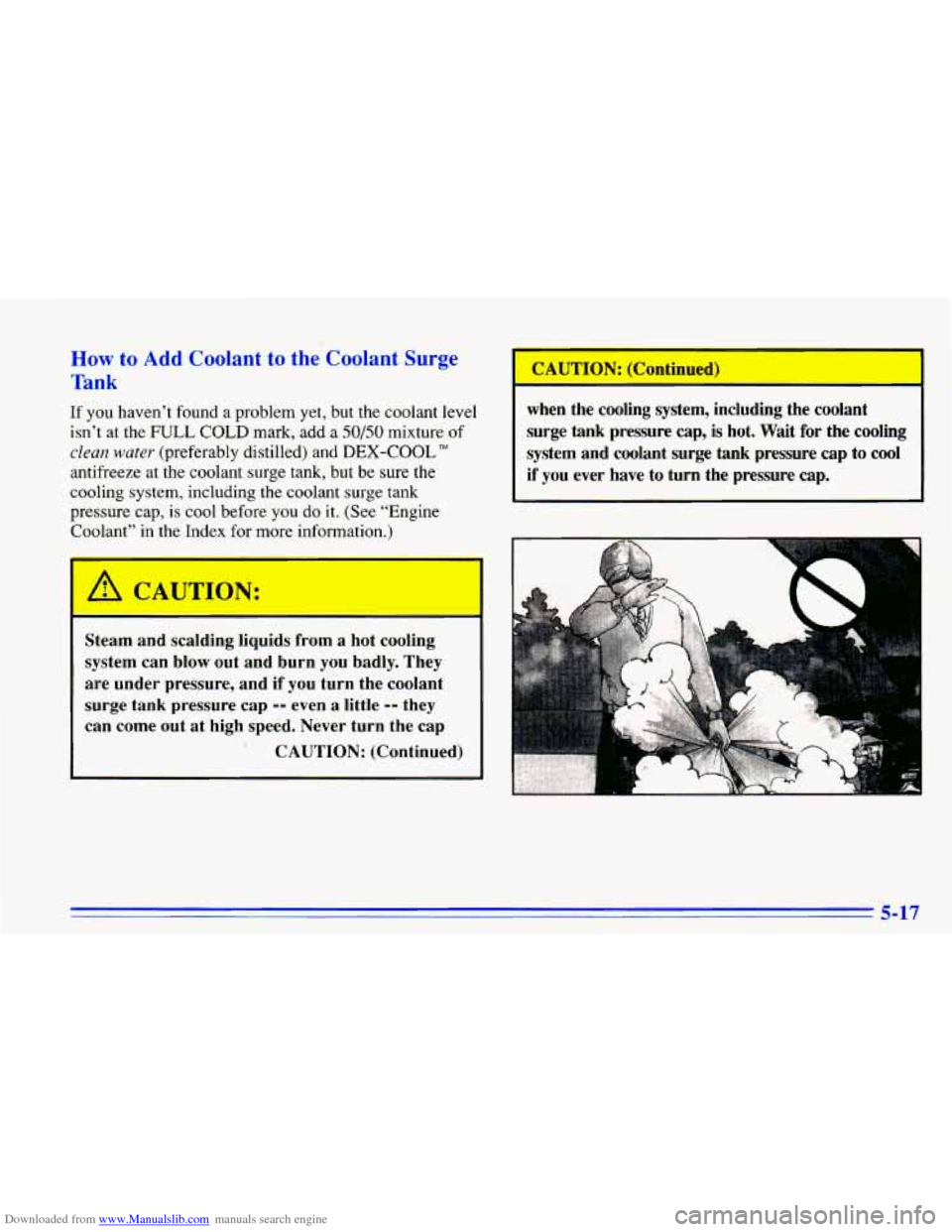 CHEVROLET CAVALIER 1996 3.G Owners Manual Downloaded from www.Manualslib.com manuals search engine How to Add Coolant to the Coolant Surge 
Tank 
If  you  haven’t  found  a  problem yet, but  the  coolant  level 
isn’t  at  the 
FULL COLD