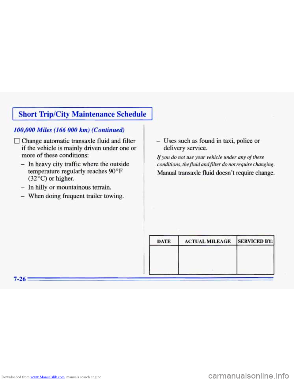 CHEVROLET CAVALIER 1996 3.G Owners Manual Downloaded from www.Manualslib.com manuals search engine I Short  Trip/City  Maintenance  Schedule I 
100,000 Miles (I 66 000 km) (Continued) 
0 Change  automatic transaxle fluid and filter 
if  the  