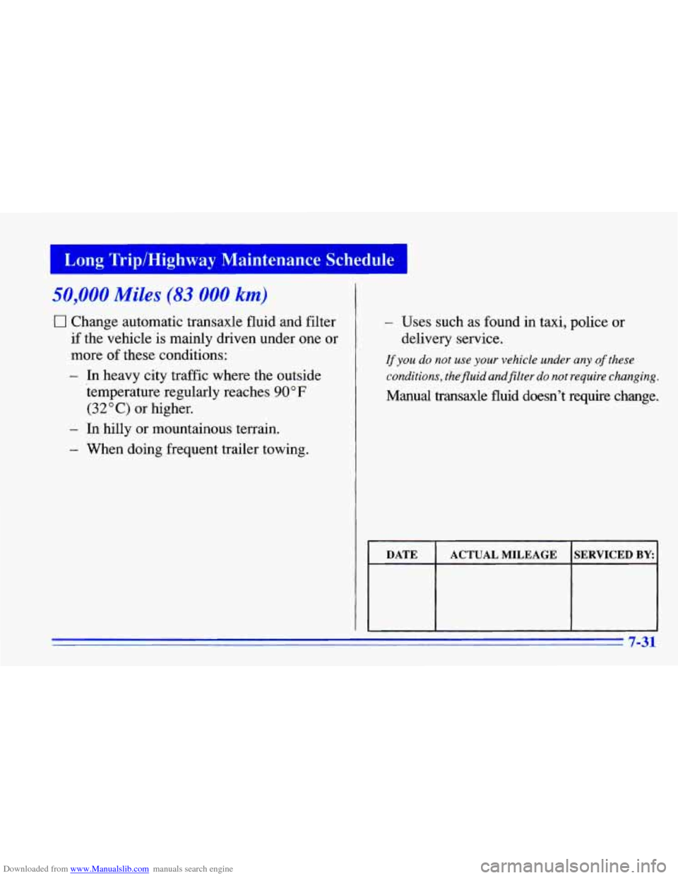 CHEVROLET CAVALIER 1996 3.G Owners Manual Downloaded from www.Manualslib.com manuals search engine Long Trip/Highway Maintenance Schedule 
50,000 Miles (83 000 km) 
Cl Change automatic transaxle fluid and filter 
if  the vehicle is  mainly dr