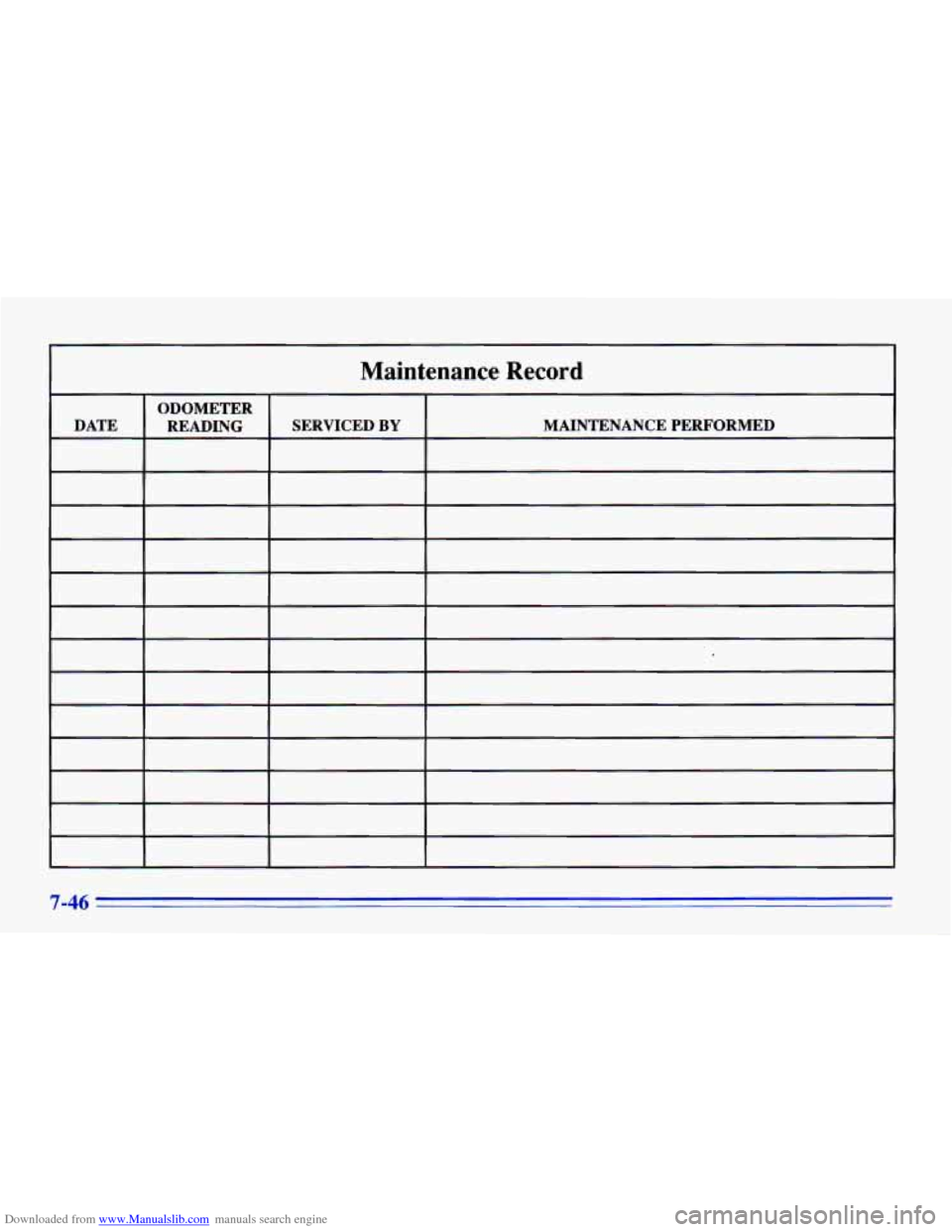 CHEVROLET CAVALIER 1996 3.G Owners Manual Downloaded from www.Manualslib.com manuals search engine I 3 
Maintenance  Record 
ODOMETER 
DATE  MAINTENANCE PERFORMED  SERVICED 
BY READING 
7-46   