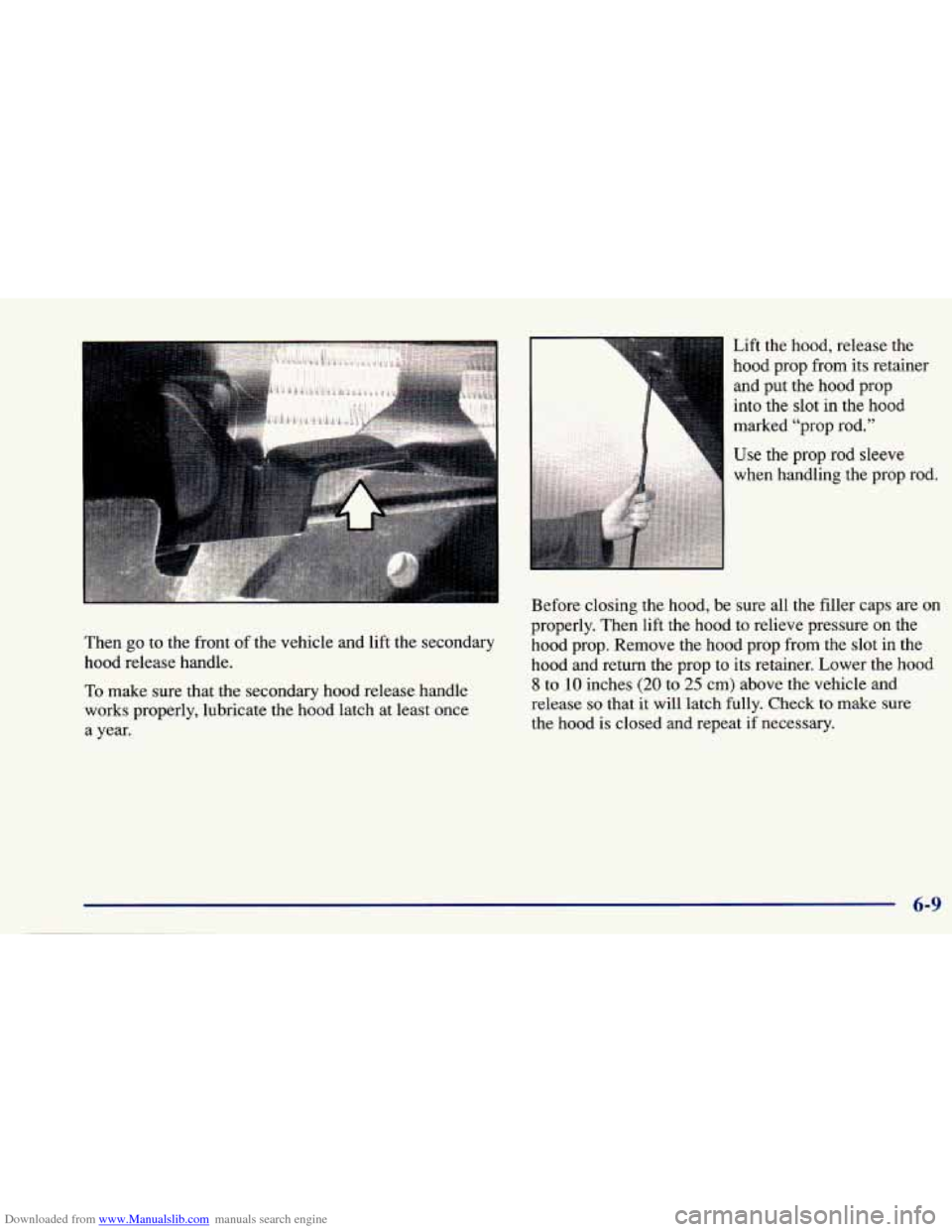 CHEVROLET CAVALIER 1997 3.G Owners Manual Downloaded from www.Manualslib.com manuals search engine Then go to the front of the vehicle  and lift the secondary 
hood  release  handle. 
To make sure that the secondary  hood release  handle 
wor