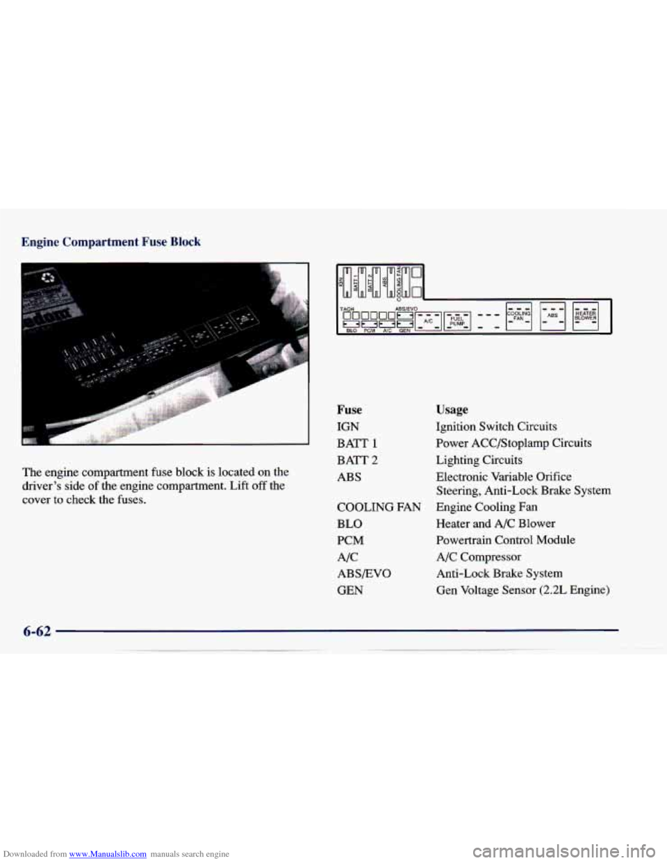 CHEVROLET CAVALIER 1997 3.G Owners Manual Downloaded from www.Manualslib.com manuals search engine Engine Compartment Fuse Block 
P 
The engine  compment  fuse block  is located  on the 
driver’s  side  of the engine  compartment.  Lift off