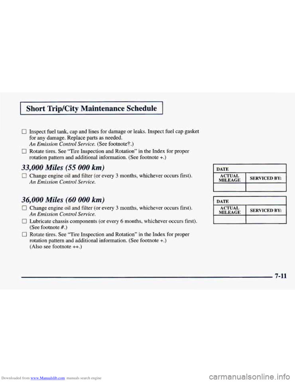 CHEVROLET CAVALIER 1998 3.G Owners Manual Downloaded from www.Manualslib.com manuals search engine I Short  Trip/City  Maintenance  Schedule I 
0 Inspect fuel tank,  cap  and  lines  for damage  or leaks.  Inspect fuel cap  gasket 
for  any  