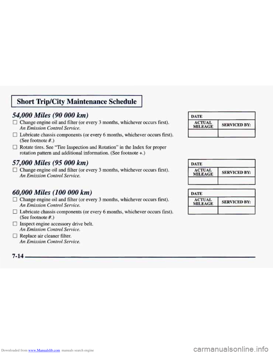 CHEVROLET CAVALIER 1998 3.G Owners Manual Downloaded from www.Manualslib.com manuals search engine I Short  Trip/City Maintenance Schedule I 
54,000 Miles (90 000 km) 
0 Change  engine  oil  and filter (or  every 3 months,  whichever  occurs 