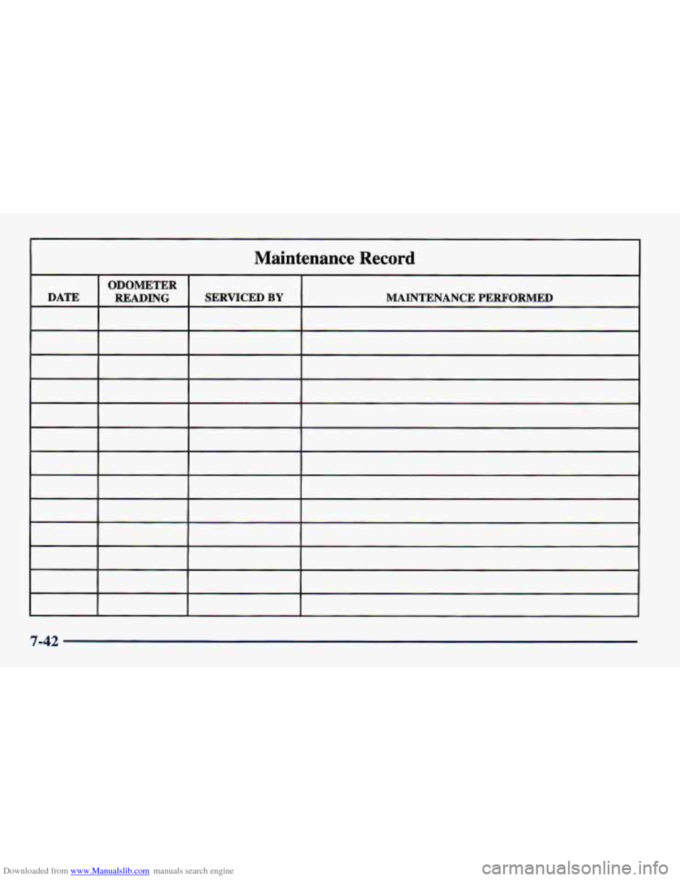 CHEVROLET CAVALIER 1998 3.G Owners Manual Downloaded from www.Manualslib.com manuals search engine Maintenance  Record 
ODOMETER 
DATE  READING  SERVICED 
BY MAINTENANCE  PERFORMED 
~ 
I 
7-42   