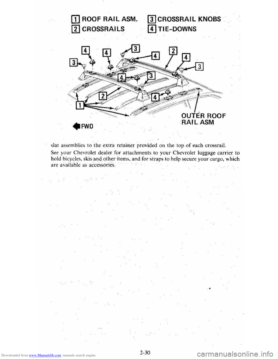 CHEVROLET CITATION 1980 1.G Owners Manual Downloaded from www.Manualslib.com manuals search engine [I] ROOF RAIL ASM. 
[1] CROSSRAILS 
rnCROSSRAIL KNOBS 
[!]TIE-DOWNS 
slat  assemblies  to  the ex ir a retairier  provided  on  the  to p of ea