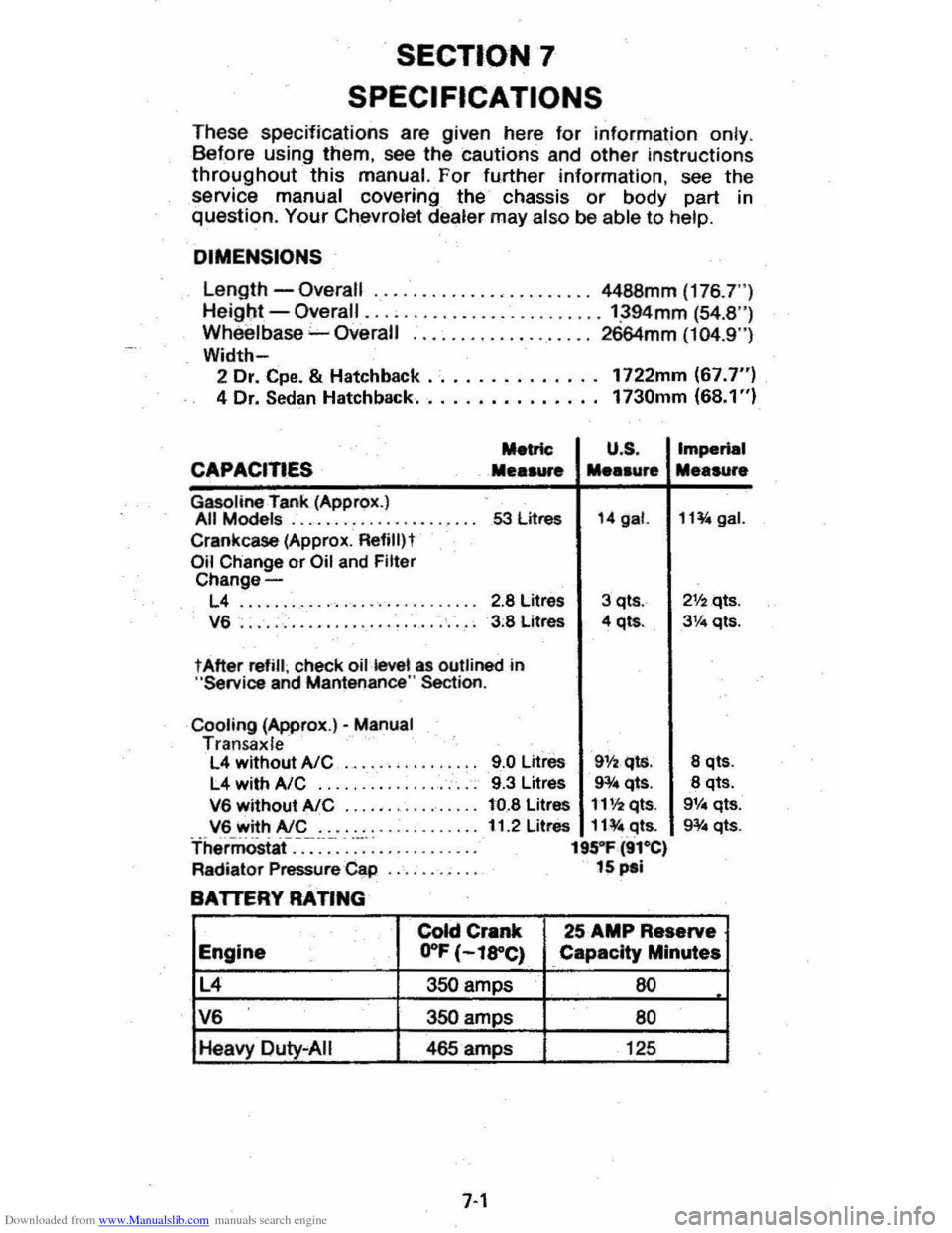 CHEVROLET CITATION 1980 1.G Owners Manual Downloaded from www.Manualslib.com manuals search engine . SECTION 7 
SPECIFICATIONS 
T hese  specifications  are given  here for information on ly . B efore using  them, see  the cautions  and other 