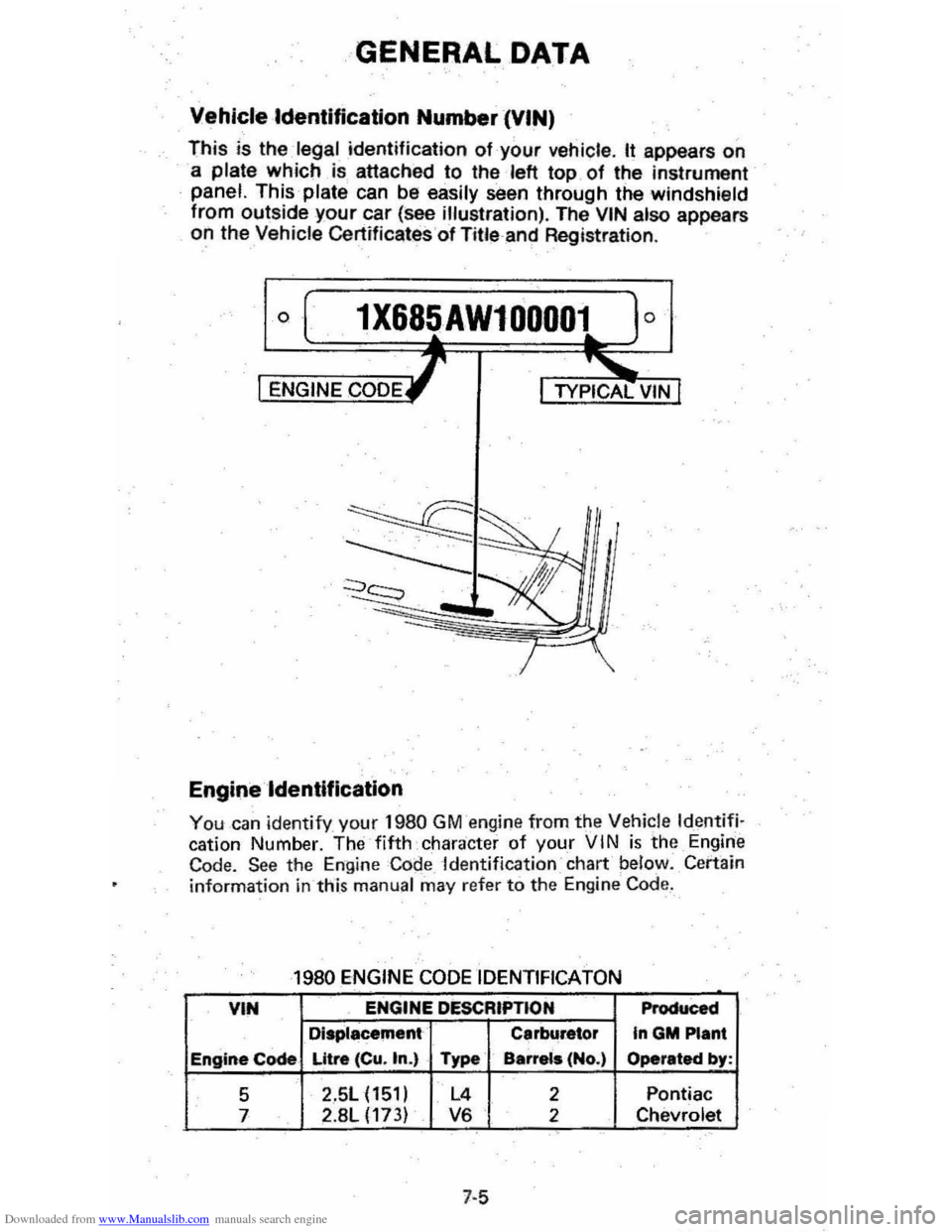 CHEVROLET CITATION 1980 1.G Owners Manual Downloaded from www.Manualslib.com manuals search engine I 
GENERAL DATA 
Vehicle ·Identlfication Number (VIN) 
This is  the  legal  identification of your vehicle . It appears on 
a plate which is  