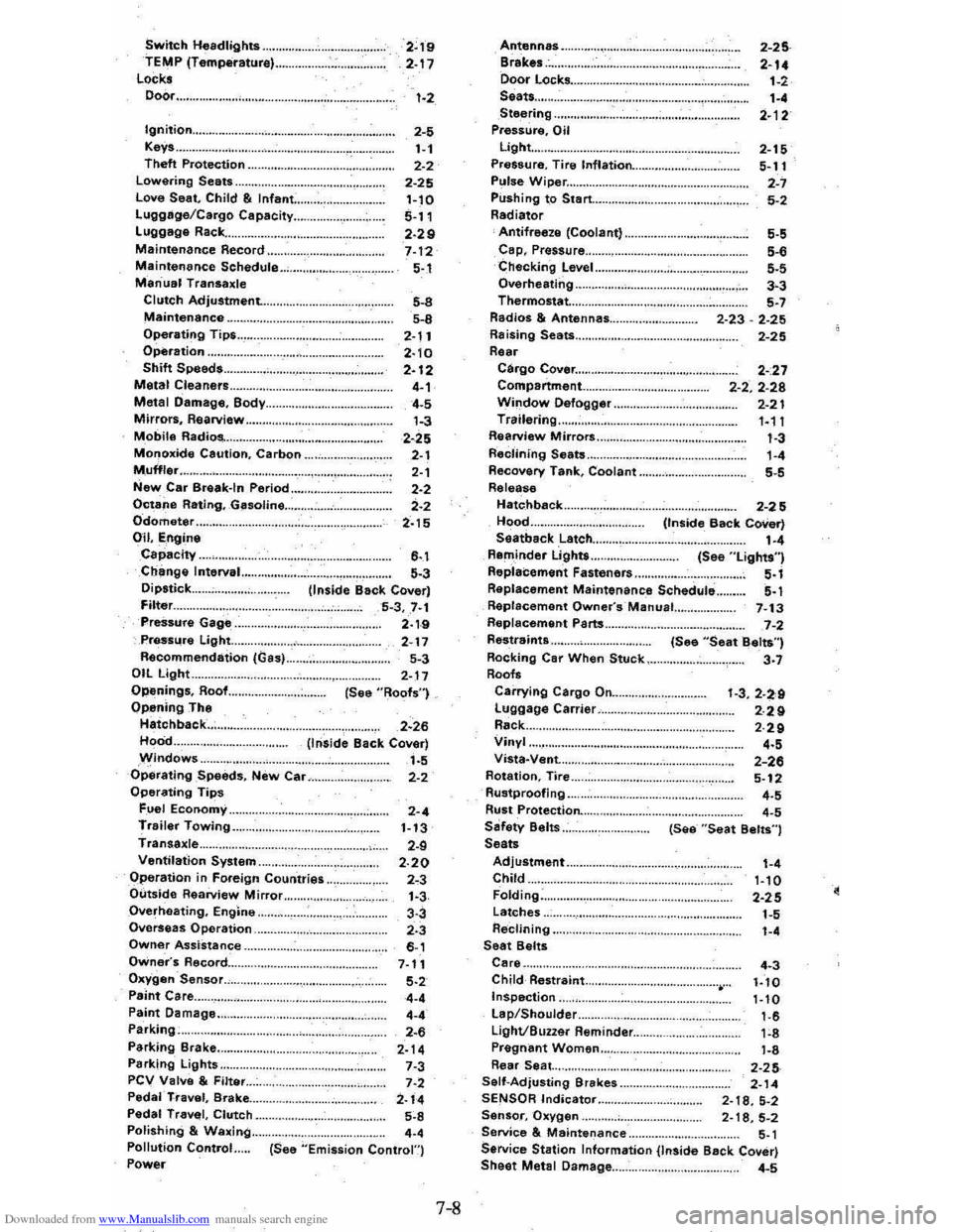 CHEVROLET CITATION 1980 1.G Owners Manual Downloaded from www.Manualslib.com manuals search engine Switch Headlights .... TEMP (Temperature) .. Locks Door ...
2~19 2-17 1-2
Ignition ............................................. .. 2-5 1-1 2 CHEVROLET CITATION 1980 1.G Owners Manual Downloaded from www.Manualslib.com manuals search engine Switch Headlights .... TEMP (Temperature) .. Locks Door ...
2~19 2-17 1-2
Ignition ............................................. .. 2-5 1-1 2