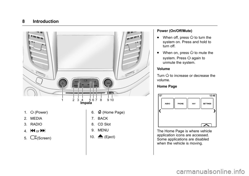 CHEVROLET CITY EXPRESS CARGO VAN 2016 1.G Infotainment Manual Chevrolet MyLink Infotainment System (GMNA-Localizing-U.S/Canada-
9085900) - 2016 - CRC - 8/10/15
8 Introduction
Impala
1.
O(Power)
2. MEDIA
3. RADIO
4.
gord
5.P(Screen) 6.
{(Home Page)
7. BACK
8. CD 