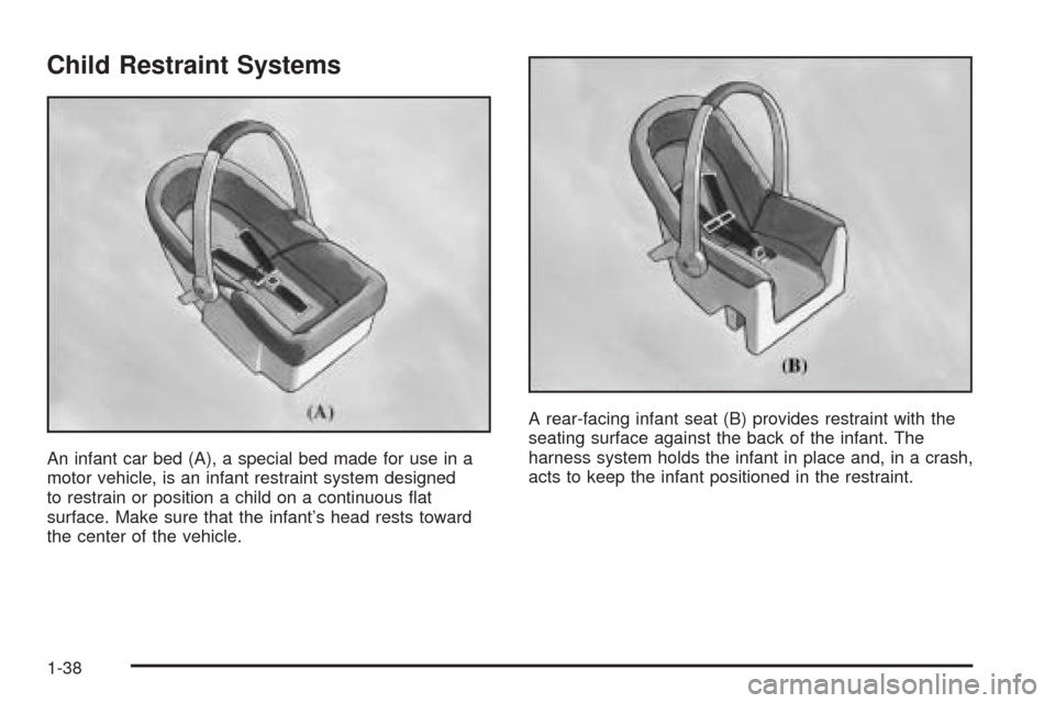 CHEVROLET COLORADO 2005 1.G Owners Manual Child Restraint Systems
An infant car bed (A), a special bed made for use in a
motor vehicle, is an infant restraint system designed
to restrain or position a child on a continuous �at
surface. Make s