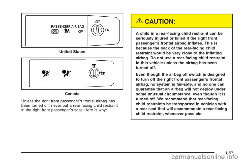 CHEVROLET COLORADO 2005 1.G Owners Manual Unless the right front passenger’s frontal airbag has
been turned off, never put a rear facing child restraint
in the right front passenger’s seat. Here is why:
{CAUTION:
A child in a rear-facing 