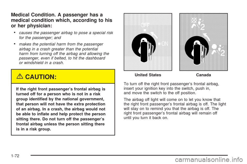 CHEVROLET COLORADO 2005 1.G Owners Manual Medical Condition. A passenger has a
medical condition which, according to his
or her physician:

causes the passenger airbag to pose a special risk
for the passenger; and
makes the potential harm f