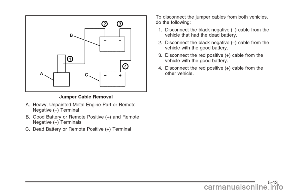 CHEVROLET COLORADO 2006 1.G Owners Manual A. Heavy, Unpainted Metal Engine Part or Remote
Negative (−) Terminal
B. Good Battery or Remote Positive (+) and Remote
Negative (−) Terminals
C. Dead Battery or Remote Positive (+) TerminalTo dis