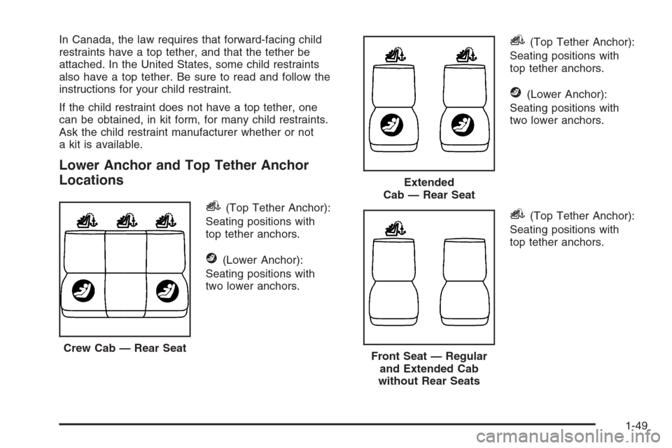 CHEVROLET COLORADO 2006 1.G Owners Manual In Canada, the law requires that forward-facing child
restraints have a top tether, and that the tether be
attached. In the United States, some child restraints
also have a top tether. Be sure to read